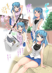 Rule 34 | 10s, 1girl, absurdres, alternate costume, apron, blue eyes, blue hair, blue sky, collarbone, commentary request, couch, double bun, floor, highres, kantai collection, lap pillow invitation, looking at viewer, looking away, mimikaki, multiple views, open mouth, panties, pantyshot, power lines, sarfata, sitting, skirt, sky, smile, translation request, tree, underwear, urakaze (kancolle), vacuum cleaner, vest, washing machine