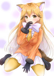 Rule 34 | 10s, 1girl, animal ears, black footwear, black gloves, blonde hair, blush, bow, bowtie, covering own mouth, ezo red fox (kemono friends), fox ears, fox tail, full body, gloves, gradient hair, hair between eyes, highres, inahori, jacket, kemono friends, loafers, long hair, long sleeves, looking at viewer, multicolored hair, orange jacket, pantyhose, pleated skirt, shoes, simple background, sitting, skirt, solo, tail, wariza, white background, white bow, white skirt, yellow bow, yellow bowtie, yellow eyes, yellow pantyhose