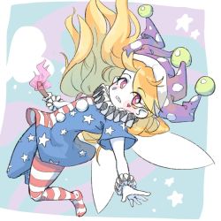Rule 34 | 1girl, american flag dress, american flag legwear, arm up, asymmetrical clothes, asymmetrical legwear, blonde hair, blush, clownpiece, diamond-shaped pupils, diamond (shape), eyelashes, eyes visible through hair, facepaint, fairy wings, floating hair, hat, heart, holding, holding torch, hyoutan tan, jester cap, looking to the side, neck ruff, open mouth, pantyhose, polka dot, pom pom (clothes), red eyes, sharp teeth, short sleeves, solo, star (symbol), star print, striped clothes, striped pantyhose, symbol-shaped pupils, teeth, torch, touhou, wings, wrist cuffs