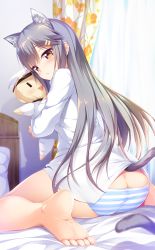 Rule 34 | 1girl, absurdres, animal ear fluff, animal ears, ass, barefoot, bed sheet, blurry, blurry background, blush, breasts, brown eyes, butt crack, cat ears, cat tail, closed mouth, curtains, day, from behind, frown, grey hair, hair ornament, haruna (kancolle), highres, hugging object, indoors, kantai collection, kemonomimi mode, long hair, long sleeves, looking at viewer, looking back, medium breasts, on bed, panties, shirt, sitting, solo, striped clothes, striped panties, stuffed toy, tail, underwear, white shirt, window, yokozuwari, yuumaru (you-mya)