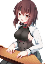 Rule 34 | 1girl, alternate breast size, bad id, bad pixiv id, blush, breasts, brown eyes, brown hair, cosplay, hair between eyes, headband, headgear, highres, instrument, kantai collection, kantele, look-alike, looking at viewer, medium breasts, muneate, noto mamiko, open mouth, pleated skirt, qunqing, short hair, sideboob, simple background, sitting, skirt, smile, solo, taihou (kancolle), voice actor connection, white background