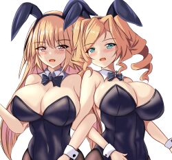 Rule 34 | 2girls, alternate costume, animal ears, black leotard, black pantyhose, blonde hair, blue eyes, blush, bow, bowtie, breasts, brooklyn (kancolle), brown eyes, cleavage, cropped legs, fake animal ears, highres, honolulu (kancolle), kantai collection, large breasts, leotard, locked arms, long hair, looking at viewer, montemasa, multiple girls, open mouth, pantyhose, playboy bunny, short hair, simple background, smile, strapless, strapless leotard, traditional bowtie, twintails, white background, wrist cuffs