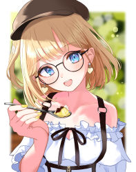 Rule 34 | 1girl, :d, absurdres, beret, blonde hair, blue eyes, blurry, blush, breasts, brown hat, cleavage, collarbone, earrings, feeding, food, frilled shirt, frills, glasses, hat, heart, heart earrings, highres, hololive, hololive english, jewelry, light particles, medium breasts, medium hair, nail polish, off-shoulder shirt, off shoulder, open mouth, pudding, shirt, skirt, smile, solo, spoon, suspender skirt, suspenders, tagosaku (tatsukiuma0329), teeth, upper body, upper teeth only, virtual youtuber, watson amelia, watson amelia (street casual), white shirt, zipper pull tab