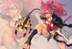 Rule 34 | 1girl, amputee, arc system works, baiken, ball and chain (weapon), bandages, breasts, cleavage, facial tattoo, guilty gear, guilty gear xrd, hair ribbon, highres, japanese clothes, kimono, large breasts, light smile, long hair, no bra, obi, one-eyed, on one knee, open clothes, open kimono, pink eyes, pink hair, platinum disco, ponytail, ribbon, sash, scar, scar across eye, scar on face, sheath, sheathed, shoes, solo, tattoo, thighs, toeless footwear, toes, zoom layer
