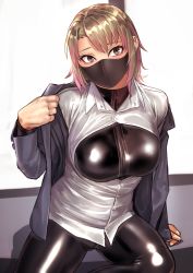 Rule 34 | 1girl, blonde hair, blush, bodysuit, breasts, covered mouth, dress shirt, highres, jacket, kilye kairi, large breasts, latex, latex bodysuit, lips, looking at viewer, mask, medium hair, mouth mask, multicolored hair, original, pink hair, removing jacket, shiny clothes, shirt, sitting, skin tight, solo, streaked hair, surprised, teeth, undressing