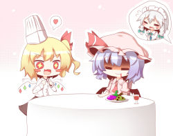Rule 34 | 3girls, :d, = =, alternate costume, ascot, bad food, bat wings, blonde hair, blood, blood from mouth, blush stickers, bow, chef hat, chibi, dress, fang, flandre scarlet, flying sweatdrops, food, gaius (nikoniko2), gradient background, hat, hat bow, heart, izayoi sakuya, long hair, maid headdress, mob cap, multiple girls, open mouth, pink dress, purple hair, red bow, remilia scarlet, shaded face, short hair, short sleeves, skirt, smile, sparkling eyes, spoken heart, touhou, wings