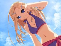 Rule 34 | 1990s (style), 1girl, bikini, blonde hair, bracelet, breasts, cleavage, fang, female focus, gradient background, hair ornament, hairclip, horiuchi sana, jewelry, long hair, necklace, outdoors, pia carrot (series), pia carrot e youkoso!!, purple bikini, purple eyes, retro artstyle, sky, smile, solo, swimsuit, tagme