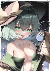 Rule 34 | 1girl, absurdres, arm up, black hat, blush, bow, breasts, cleavage, closed mouth, clothes pull, collar, collared shirt, commentary request, dfra, erogaki, female focus, green collar, green eyes, green hair, hat, hat bow, head tilt, heart, heart-shaped pupils, highres, komeiji koishi, looking at viewer, medium breasts, mesugaki, navel, no bra, open clothes, open shirt, petite, shirt, shirt partially removed, shirt pull, short hair, solo, sweat, symbol-shaped pupils, third eye, tongue, tongue out, touhou, upper body, wide sleeves, yellow bow, yellow shirt