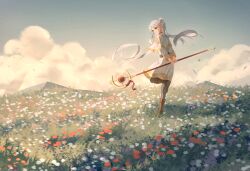 Rule 34 | 1girl, absurdres, black pantyhose, boots, brown footwear, capelet, cloud, dangle earrings, drop earrings, earrings, elf, evening, field, flower, flower field, frieren, full body, green eyes, highres, holding, holding staff, jewelry, leg lift, long hair, mage staff, outdoors, pantyhose, pointy ears, shirt, skirt, sky, solo, sousou no frieren, staff, standing, standing on one leg, striped clothes, striped shirt, twintails, white capelet, white hair, white skirt, xiamianhaiya
