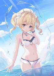 Rule 34 | 1girl, barbara (genshin impact), bare arms, bare shoulders, bikini, blonde hair, blue eyes, blue sky, blush, breasts, choker, cleavage, cloud, cloudy sky, cowboy shot, day, drill hair, genshin impact, hair ornament, half-closed eyes, hat, highres, jewelry, looking at viewer, navel, necklace, partially submerged, sailor hat, sky, solo, swimsuit, twin drills, twintails, unishaho, water, white bikini
