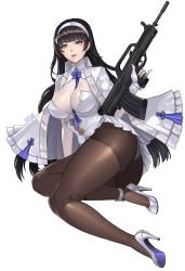 Rule 34 | 1girl, arm support, ass, assault rifle, between breasts, black hair, blue necktie, blunt bangs, breasts, brown pantyhose, bullpup, bustier, fingerless gloves, full body, girls&#039; frontline, gloves, gun, hairband, high heels, highres, holding, holding gun, holding weapon, jacket, karmiel, large breasts, lipstick, long hair, long sleeves, looking at viewer, m/, makeup, miniskirt, necktie, necktie between breasts, panties, panties under pantyhose, pantyhose, pantyshot, pinky out, pleated skirt, qbz-95, red lips, rifle, shoes, simple background, sitting, skirt, smile, solo, thighband pantyhose, trigger discipline, type 95 (girls&#039; frontline), underwear, weapon, white background, white footwear, white gloves, white hairband, white jacket, white panties, white skirt, yellow eyes