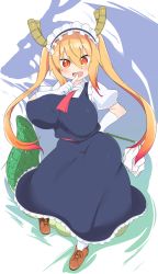 Rule 34 | 1girl, blonde hair, blush, breasts, commentary request, dragon, dragon girl, dragon horns, dragon tail, fang, gloves, highres, hirob816, horns, huge breasts, kobayashi-san chi no maidragon, long hair, looking at viewer, maid, maid headdress, monster girl, orange eyes, puffy short sleeves, puffy sleeves, scales, short sleeves, slit pupils, tail, tohru (maidragon), twintails, white background, white gloves