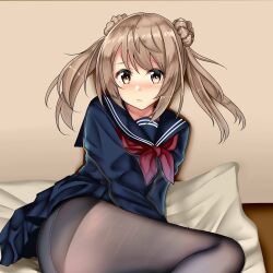 Rule 34 | 1girl, absurdres, alternate costume, bed, black pantyhose, black sailor collar, blue serafuku, blue skirt, brown eyes, commentary request, double bun, feet out of frame, hair bun, highres, himura moritaka, kantai collection, light brown hair, lying, michishio (kancolle), neckerchief, on side, panties, panties under pantyhose, pantyhose, pleated skirt, red neckerchief, sailor collar, school uniform, serafuku, short twintails, skirt, solo, twintails, underwear