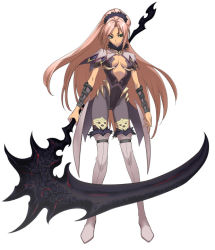Rule 34 | 1girl, anesha, armband, bodysuit, boots, breasts, capelet, center opening, cleavage, cross edge, detached sleeves, female focus, full body, fur trim, green eyes, huge weapon, long hair, nakamura tatsunori, no bra, official art, pink hair, ponytail, scrunchie, scythe, simple background, smile, solo, standing, thigh boots, thighhighs, turtleneck, very long hair, weapon, white background, white thighhighs