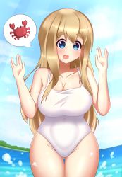 Rule 34 | 00s, 1girl, absurdres, bare shoulders, blonde hair, blue eyes, blush, breasts, cleavage, cloud, covered navel, crab, eyebrows, gabailu, gluteal fold, highres, k-on!, kotobuki tsumugi, large breasts, long hair, ocean, one-piece swimsuit, open mouth, outdoors, signature, sky, solo, sparkle, splashing, standing, swimsuit, thick eyebrows, water