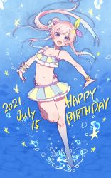 Rule 34 | airani iofifteen, barefoot, bikini, bikini skirt, blue hair, bracelet, bubble, dated, fish, hair bun, hair ornament, hair ribbon, happy birthday, highres, hololive, hololive indonesia, jewelry, multicolored hair, open mouth, pink hair, pochi (pochi-goya), purple eyes, ribbon, single side bun, solo, star (symbol), swimsuit, toes, two-piece swimsuit, underwater, virtual youtuber, water