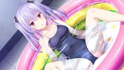 Rule 34 | 1girl, absurdres, bare arms, bare legs, bare shoulders, blush, breasts, covered navel, female focus, game cg, groin, hand up, highres, indoors, legs, light blush, looking at viewer, medium breasts, nekonyan, one-piece swimsuit, original, parted lips, partially submerged, pool, purple hair, red eyes, sitting, smile, solo, spread legs, swimsuit, thighs, tonari ni kanojo no iru shiawase ~summer surprise~, twintails, uryuu koume, water, wet