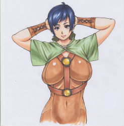 Rule 34 | 1girl, arms behind head, arms up, black eyes, blue hair, bracer, collarbone, commentary request, covered erect nipples, harness, leather, lips, looking at viewer, nemui333, original, short hair, shrug (clothing), simple background, skin tight, smile, solo, swept bangs, traditional media, upper body, very short hair, white background