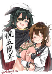 Rule 34 | 2girls, anchor symbol, anniversary, armor, black sailor collar, bouquet, brown hair, cape, ebifurya, eyepatch, flower, folded ponytail, green eyes, green hair, hair ornament, hairclip, hand on another&#039;s head, hat, highres, inazuma (kancolle), kantai collection, kiso (kancolle), long hair, looking at viewer, multiple girls, neckerchief, pauldrons, red neckerchief, sailor collar, sailor hat, school uniform, serafuku, short hair, shoulder armor, simple background, twitter username, upper body, white background
