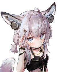 Rule 34 | 1girl, ahoge, animal ear fluff, animal ears, arknights, arm up, bikini, black bikini, blue eyes, earbuds, earphones, expressionless, fox ears, fox girl, fox tail, grey hair, hair ornament, hairclip, hand in own hair, highres, jewelry, low twintails, nalphanne, necklace, short hair, short twintails, solo, sussurro (arknights), sussurro (summer flower) (arknights), swimsuit, tail, twintails, upper body