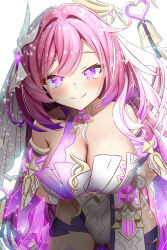 Rule 34 | 1girl, absurdres, annv7853, arm behind back, bare shoulders, bell, black shorts, blush, breasts, brooch, cleavage, clothing cutout, crystal shards, detached sleeves, elysia (herrscher of human:ego) (honkai impact), elysia (honkai impact), hair between eyes, heart, heart brooch, highres, honkai (series), honkai impact 3rd, jewelry, large breasts, long hair, looking at viewer, pink eyes, pink hair, pink pupils, short sleeves, shorts, side cutout, thighs, triquetra, very long hair, white background, white veil