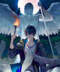 Rule 34 | 1boy, bird, black jacket, crow, dress, fire, full moon, highres, holding, holding torch, jacket, laoyepo, long sleeves, looking at viewer, marius von hagen (tears of themis), moon, open clothes, open jacket, open mouth, outdoors, purple dress, purple eyes, shirt, short sleeves, solo, tears of themis, torch, upper body, white shirt