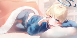Rule 34 | 1girl, absurdres, alternate costume, blonde hair, blue archive, blue eyes, blue halo, blue sweater, blush, commentary request, eshineko, grey pants, halo, highres, indoors, kotatsu, long hair, long sleeves, lying, midriff, on stomach, open fly, pants, puffy long sleeves, puffy sleeves, rubbing eyes, solo, sweater, table, toki (blue archive), toki (bunny) (blue archive), waking up