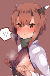 Rule 34 | 1girl, @ @, atsutoku, blush, breasts, brown background, brown eyes, brown hair, hair between eyes, headband, headgear, highres, kantai collection, long sleeves, open mouth, short hair, sideboob, simple background, small breasts, solo, spoken blush, steam, sweat, taihou (kancolle)
