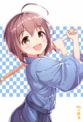 Rule 34 | 1girl, :d, ahoge, blue bow, blue kimono, blush, bow, brown eyes, brown hair, checkered background, commentary request, dot nose, from side, hair between eyes, hakama, hakama pants, hands up, holding, holding sword, holding weapon, idolmaster, idolmaster cinderella girls, japanese clothes, kimono, kuresuku (lessons), looking at viewer, looking to the side, open mouth, over shoulder, pants, polka dot, polka dot kimono, raised eyebrows, shinai, short hair, sidelocks, sleeves past elbows, smile, solo, striped clothes, striped kimono, sword, sword over shoulder, thick eyelashes, translation request, turning head, two-handed, wakiyama tamami, weapon, weapon over shoulder, white background, wide sleeves