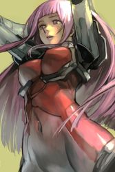 Rule 34 | 1girl, blunt bangs, bodysuit, breasts, covered navel, groin, hands up, hungry clicker, ken marinaris, konami, long hair, navel, parted lips, pink eyes, pink hair, red bodysuit, simple background, solo, standing, thighhighs, yellow background, zone of the enders, zone of the enders 2