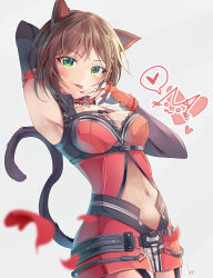 Rule 34 | 1girl, akisaki, animal ears, arm behind head, arm up, armpits, belt, black belt, black sleeves, blurry, blurry foreground, blush, braid, braided bangs, breasts, brown hair, cat ears, cat tail, character signature, choker, cleavage, clothing cutout, collarbone, cowboy shot, detached sleeves, dress, earrings, fake animal ears, fake tail, falling petals, fingerless gloves, garter straps, gloves, green eyes, grey background, hand up, heart, highres, idolmaster, idolmaster cinderella girls, idolmaster cinderella girls starlight stage, jewelry, lace, lace-trimmed dress, lace trim, large breasts, looking at viewer, maekawa miku, midriff, miniskirt, navel, petals, red choker, red dress, red gloves, red nails, short hair, signature, simple background, skirt, smile, solo, speech bubble, standing, stomach cutout, tail, tongue, tongue out, zipper, zipper pull tab