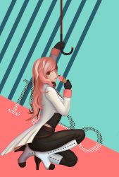 Rule 34 | 1girl, :p, absurdres, boots, brown hair, character name, gloves, heterochromia, high heel boots, high heels, highres, ice cream cone, kneeling, long hair, neo politan, pink hair, rwby, solo, tongue, tongue out, umbrella, zhao shixuan