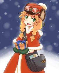 Rule 34 | 1girl, amino (peperonn), anette, bad id, bad pixiv id, bag, blonde hair, braid, coat, gift, goggles, green eyes, hat, holding, holding gift, long hair, peperonn, rune factory, rune factory frontier, smile, solo, twin braids