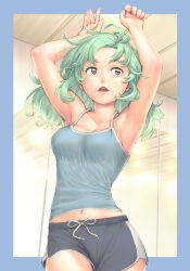 Rule 34 | 1girl, armpits, arms up, blue border, border, breasts, ceiling, collarbone, commentary, dripping, exercising, eyelashes, from below, green hair, indoors, looking to the side, medium breasts, messy hair, midriff peek, mirror, navel, original, parted lips, purple eyes, short shorts, shorts, string, sweat, tank top, wet, wooden ceiling, yoshikawa hazure