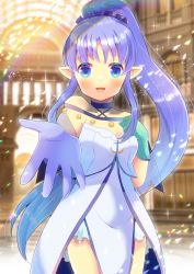 Rule 34 | 1girl, :d, asymmetrical gloves, blue choker, blue eyes, blue hair, blurry, blurry background, breasts, choker, commentary request, commission, depth of field, dress, fate/grand order, fate (series), gloves, gradient hair, green gloves, hand up, high ponytail, kou hiyoyo, looking at viewer, medea (lily) (fate), mismatched gloves, multicolored hair, open mouth, outstretched arm, pointy ears, ponytail, purple gloves, purple hair, sidelocks, skeb commission, small breasts, smile, solo, strapless, strapless dress, white dress