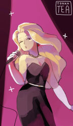 Rule 34 | 1girl, artist request, belt, black dress, blonde hair, breasts, cleavage, dress, earrings, elbow gloves, gloves, hair over one eye, highres, jewelry, long hair, looking at viewer, medium breasts, microphone, mole, mole under mouth, mother (game), mother 2, necklace, nintendo, purple eyes, signature, solo, spotlight, venus (mother), white gloves