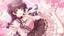 Rule 34 | 1girl, angel wings, black hair, blunt bangs, blush, bow, breasts, brown eyes, choker, cleavage, collarbone, detached sleeves, double bun, earrings, fake wings, frilled skirt, frills, hair bow, hair bun, hair ornament, hairclip, holding, idolmaster, idolmaster shiny colors, jewelry, lace, long hair, long sleeves, looking at viewer, mary janes, mayuzumi fuyuko, medium breasts, official alternate hairstyle, official art, open mouth, pantyhose, pink footwear, puffy short sleeves, puffy sleeves, ribbon, shoes, short sleeves, sitting, skirt, skirt set, smile, solo, star (symbol), two side up, wavy hair, white pantyhose, wings