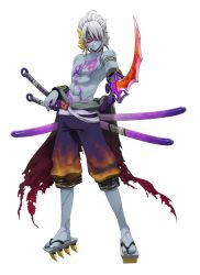 Rule 34 | 1boy, armband, bare pectorals, blue skin, colored skin, eyepatch, full body, highres, male focus, mask, mask on head, momotaro (onigiri), multiple swords, official art, oni, oni mask, onigiri (mmorpg), pectorals, red eyes, solo, stitches, sword, tattoo, torn clothes, transparent background, wakaba sprout, weapon, white hair, wristband, zombie
