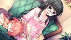 Rule 34 | 2girls, black hair, blush, book, breasts, closed eyes, game cg, glasses, green eyes, guardian place, happy, highres, horns, long hair, looking at viewer, multiple girls, open book, open mouth, pajamas, pillow, plant, reading, shakara (guardian place), single horn, sitting, sleeping, smile, suminoin ouka, tsurugi hagane, wings