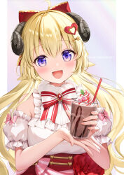 Rule 34 | 1girl, :d, animal ears, bare shoulders, blonde hair, blush, bow, bowtie, breasts, brooch, cup, detached sleeves, fingernails, fur collar, hair bow, hair ornament, hairclip, heart, heart hair ornament, highres, holding, holding cup, hololive, horns, jewelry, large breasts, long hair, looking at viewer, momoshiki tsubaki, official alternate costume, open mouth, parfait, puffy short sleeves, puffy sleeves, purple eyes, red bow, red bowtie, sheep ears, sheep girl, sheep horns, short sleeves, smile, solo, tsunomaki watame, underbust, upper body, very long hair, virtual youtuber, white bow, white bowtie