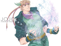 Rule 34 | 1boy, bad id, bad pixiv id, battle tendency, belt, blonde hair, bubble, caesar anthonio zeppeli, character name, copyright name, cropped jacket, facial mark, feather hair ornament, feathers, fingerless gloves, gloves, green jacket, hair ornament, headband, hydrokinesis, jacket, jojo no kimyou na bouken, male focus, neckerchief, ribbon, scarf, simple background, solo, studded jacket, water, yumegiwa3226
