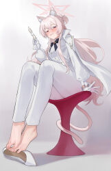 Rule 34 | 1girl, absurdres, akira (blue archive), animal ears, barefoot, blue archive, blush, breasts, chuck (harfmoondark), coat, coat on shoulders, feet, gloves, grin, halo, highres, long hair, looking at viewer, mask, unworn mask, medium breasts, pink hair, red eyes, shoes, unworn shoes, sitting, smile, solo, stool, tail, toes, white footwear, white gloves