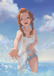 Rule 34 | 1girl, aqua eyes, blue panties, blue sky, blush, bow, bow panties, braid, brown hair, clothes lift, collarbone, cowboy shot, da mazi, day, flat chest, hair over shoulder, highres, nose, ocean, open mouth, original, outdoors, outstretched hand, panties, see-through, shirt, shirt lift, sky, smile, solo, splashing, standing, strap slip, twin braids, underwear, wading, water, wet, wet clothes, wet shirt, white shirt