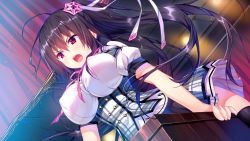 Rule 34 | 1girl, black legwear, bouncing breasts, breasts, covered erect nipples, female focus, game cg, kamura masaki, kino (kino konomi), kino konomi, konomi (kino konomi), large breasts, leaning forward, legs, long hair, looking away, open mouth, ponytail, purple hair, red eyes, school uniform, serious, shirogane x spirits, skirt, solo, standing, thighs