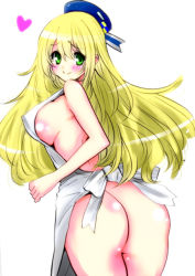Rule 34 | 10s, 1girl, apron, ass, atago (kancolle), beret, blonde hair, blush, breasts, covered erect nipples, female focus, from behind, green eyes, hat, kantai collection, leaning forward, long hair, looking back, naked apron, no bra, no panties, perepere-kun, sideboob, simple background, solo, standing, white background