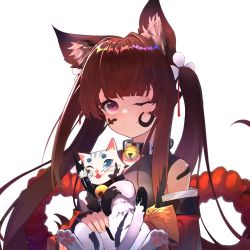 Rule 34 | 1girl, 3:, absurdres, amagi-chan (azur lane), animal ears, azur lane, bell, blunt bangs, brown hair, calligraphy brush, cat, collar, commentary request, fox ears, highres, ink, japanese clothes, kimono, long hair, long sleeves, looking at viewer, manjuu (azur lane), neck bell, off shoulder, one eye closed, paintbrush, purple eyes, rope, shimenawa, sidelocks, thick eyebrows, twintails, white background, wide sleeves, yuking