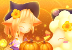 Rule 34 | 1girl, blonde hair, cat, closed eyes, furry, furry female, halloween, hat, notaka, pumpking, solo, witch hat