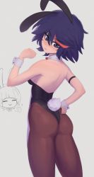 Rule 34 | 2girls, absurdres, animal ears, arm up, ass, bare shoulders, behind another, black hair, black leotard, blush, blush stickers, grabbing another&#039;s breast, breasts, clenched hand, cowboy shot, daniel deves, detached collar, fake animal ears, grabbing, groping, hand up, highres, kill la kill, leotard, looking at another, looking down, mankanshoku mako, matoi ryuuko, medium breasts, multicolored hair, multiple girls, pantyhose, playboy bunny, rabbit ears, reach-around, red hair, short hair, smile, standing, strapless, strapless leotard, streaked hair, sweatdrop, undersized breast cup, unfinished, wrist cuffs, yuri