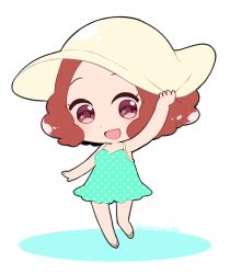 Rule 34 | 10s, 1girl, :d, blush, brown eyes, brown hair, chibi, commentary, do m kaeru, hat, okumura haru, open mouth, persona, persona 5, sandals, short hair, smile, solo, sun hat, swimsuit, twitter username