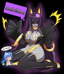 Rule 34 | 2girls, animal ears, black background, black bra, blue hair, bra, bracelet, breasts, cat ears, chibi, claws, colored skin, fangs, glowing, gold trim, grey skin, iriomote umineko, jewelry, large breasts, loincloth, long hair, looking at viewer, midriff, multiple girls, necklace, nude, open mouth, original, purple hair, smile, straight hair, thick thighs, thighhighs, thighs, translated, underwear, yellow eyes